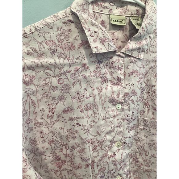 L.L.Bean Womens Linen Button Up Short Sleeve Shirt Medium Pink Floral Cottage - Picture 6 of 8